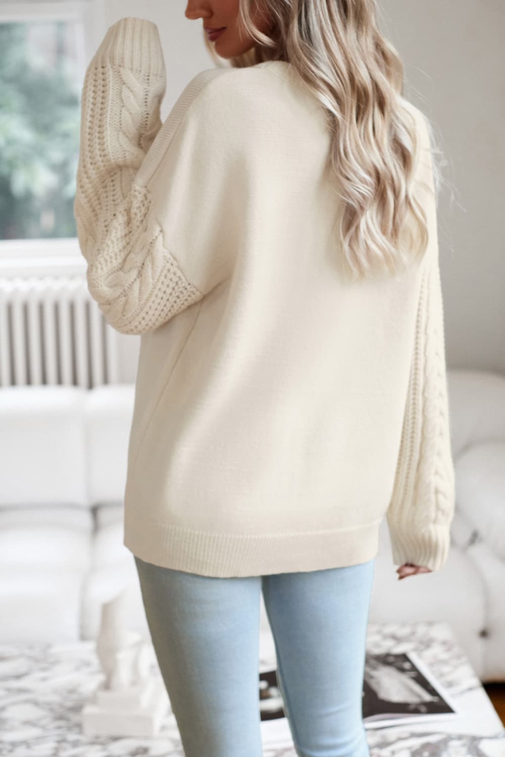 Devine Cable-Knit Round Neck Drop Shoulder Sweater