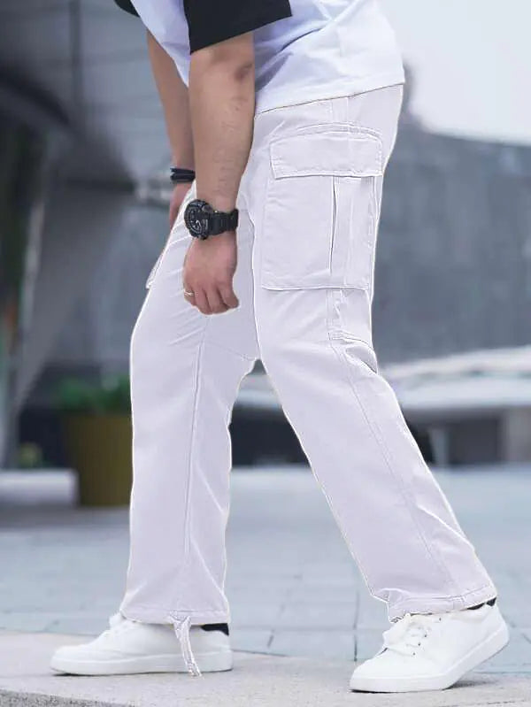 HUNGSON Mens Cargo Pants Casual Hiking Pants Joggers Athletic Pants Cotton Loose Straight Sweatpants for Men 28 White